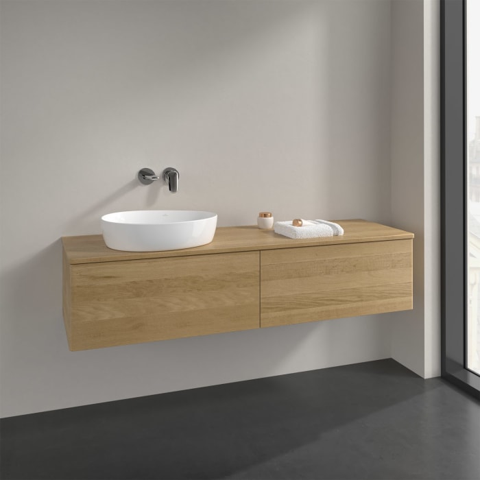 Villeroy & Boch Antao Waschbeckenunterschrank, 160 x 36 cm, 2 Auszüge mit LED-Licht, Front ohne Struktur, ohne Hahnloch, für Waschtisch links