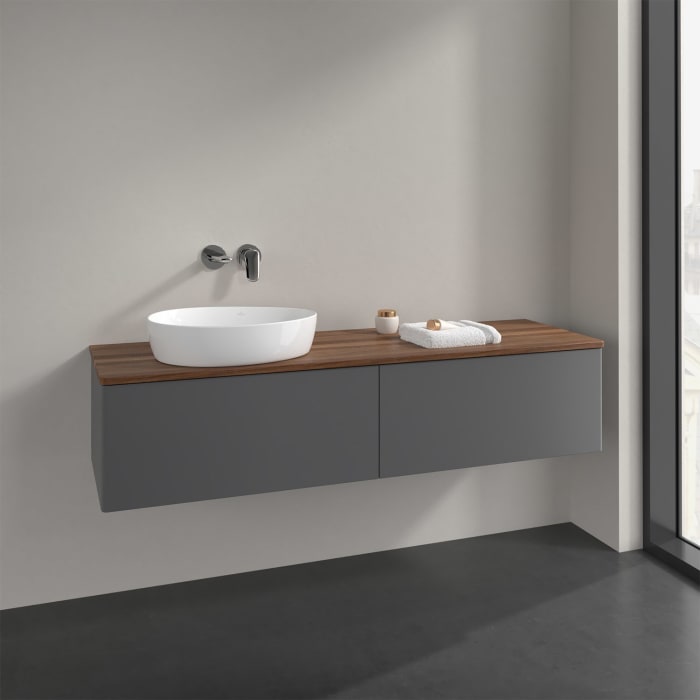 Villeroy & Boch Antao Waschbeckenunterschrank, 160 x 36 cm, 2 Auszüge mit LED-Licht, Front ohne Struktur, ohne Hahnloch, für Waschtisch links