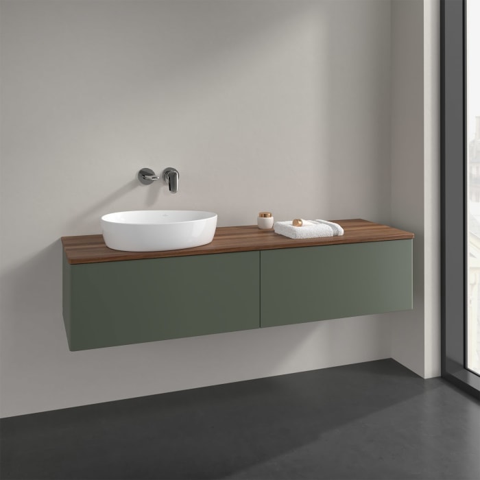 Villeroy & Boch Antao Waschbeckenunterschrank, 160 x 36 cm, 2 Auszüge mit LED-Licht, Front ohne Struktur, ohne Hahnloch, für Waschtisch links