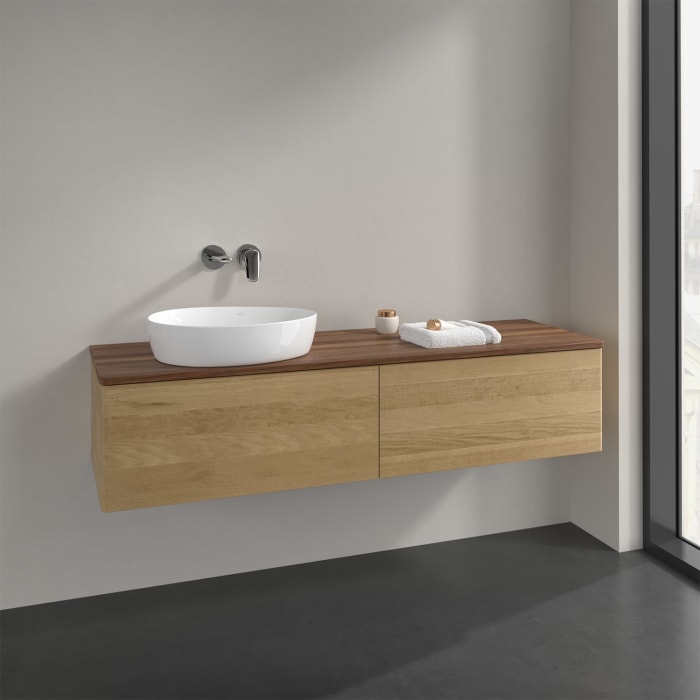 Villeroy & Boch Antao Waschbeckenunterschrank, 160 x 36 cm, 2 Auszüge mit LED-Licht, Front ohne Struktur, ohne Hahnloch, für Waschtisch links