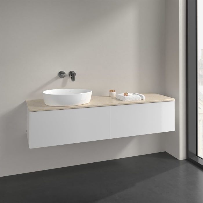 Villeroy & Boch Antao Waschbeckenunterschrank, 160 x 36 cm, 2 Auszüge mit LED-Licht, Front ohne Struktur, ohne Hahnloch, für Waschtisch links