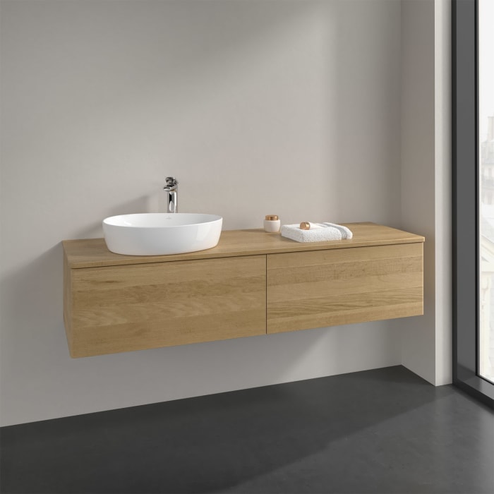 Villeroy & Boch Antao Waschbeckenunterschrank, 160 x 36 cm, 2 Auszüge mit LED-Licht, Front ohne Struktur, mit Hahnloch, für Waschtisch links