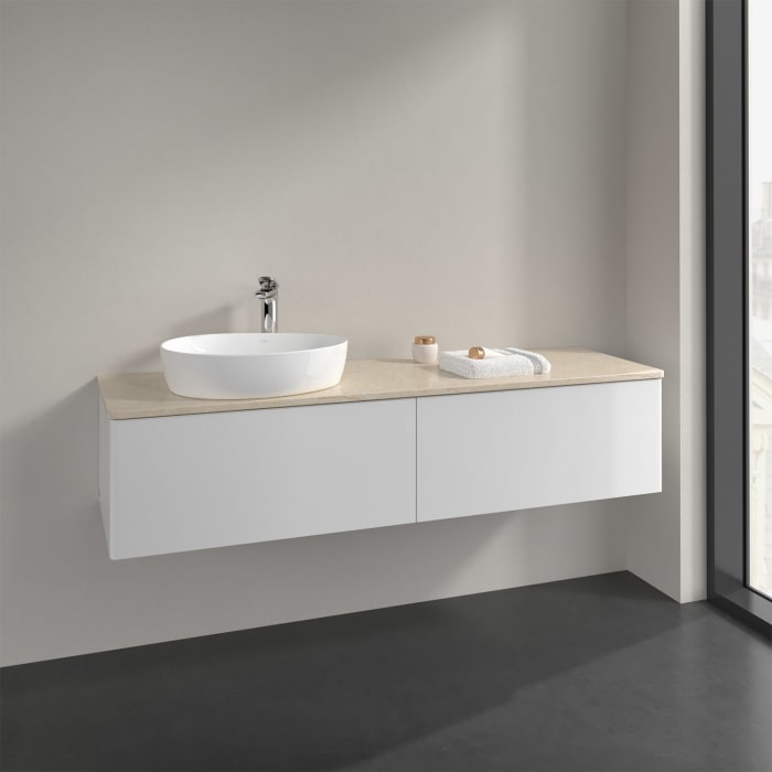 Villeroy & Boch Antao Waschbeckenunterschrank, 160 x 36 cm, 2 Auszüge mit LED-Licht, Front ohne Struktur, mit Hahnloch, für Waschtisch links