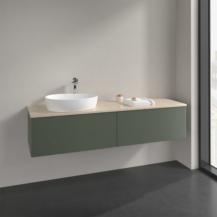 Villeroy & Boch Antao Waschbeckenunterschrank, 160 x 36 cm, 2 Auszüge mit LED-Licht, Front ohne Struktur, mit Hahnloch, für Waschtisch links