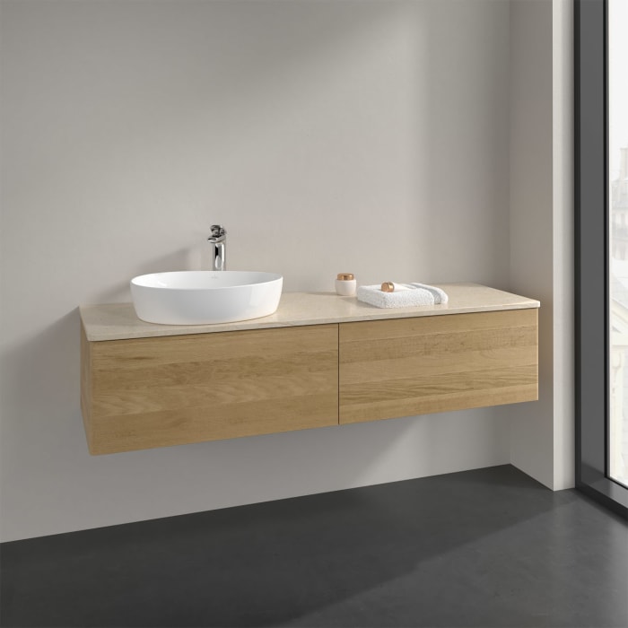 Villeroy & Boch Antao Waschbeckenunterschrank, 160 x 36 cm, 2 Auszüge mit LED-Licht, Front ohne Struktur, mit Hahnloch, für Waschtisch links
