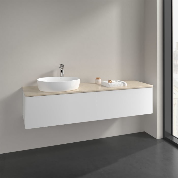 Villeroy & Boch Antao Waschbeckenunterschrank, 160 x 36 cm, 2 Auszüge mit LED-Licht, Front ohne Struktur, mit Hahnloch, für Waschtisch links