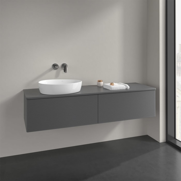 Villeroy & Boch Antao Waschbeckenunterschrank, 160 x 36 cm, 2 Auszüge mit LED-Licht, Front mit Struktur, ohne Hahnloch, für Waschtisch links