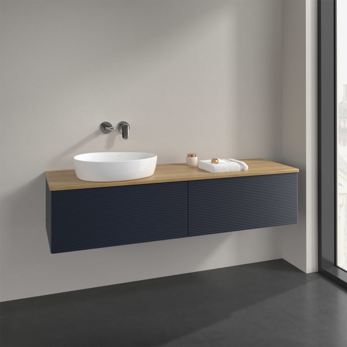 Villeroy & Boch Antao Waschbeckenunterschrank, 160 x 36 cm, 2 Auszüge mit LED-Licht, Front mit Struktur, ohne Hahnloch, für Waschtisch links