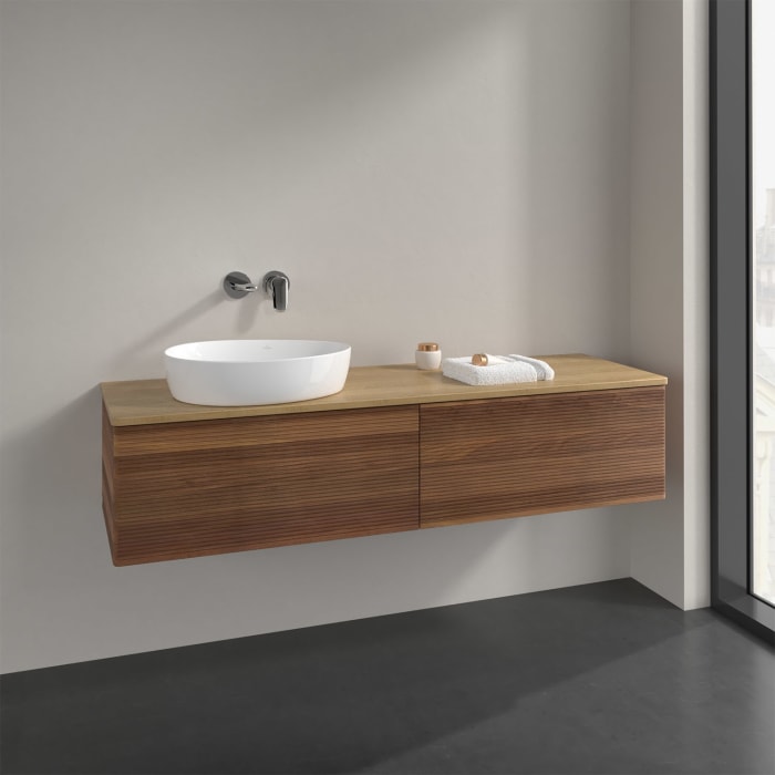 Villeroy & Boch Antao Waschbeckenunterschrank, 160 x 36 cm, 2 Auszüge mit LED-Licht, Front mit Struktur, ohne Hahnloch, für Waschtisch links