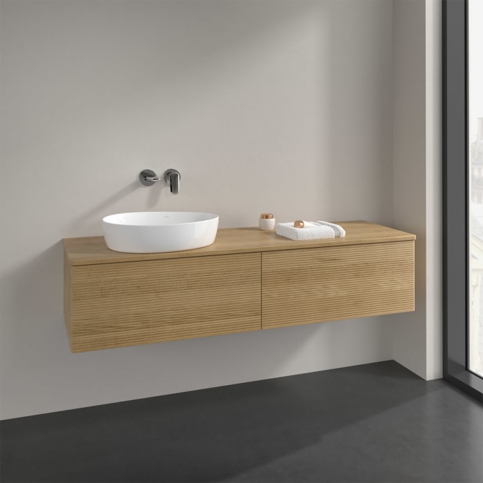 Villeroy & Boch Antao Waschbeckenunterschrank, 160 x 36 cm, 2 Auszüge mit LED-Licht, Front mit Struktur, ohne Hahnloch, für Waschtisch links