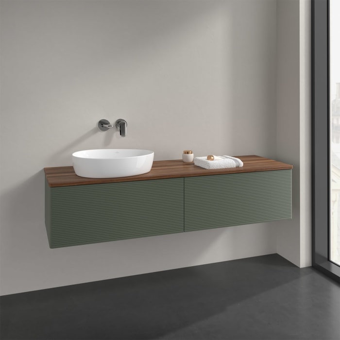 Villeroy & Boch Antao Waschbeckenunterschrank, 160 x 36 cm, 2 Auszüge mit LED-Licht, Front mit Struktur, ohne Hahnloch, für Waschtisch links