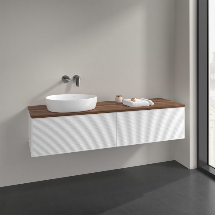 Villeroy & Boch Antao Waschbeckenunterschrank, 160 x 36 cm, 2 Auszüge mit LED-Licht, Front mit Struktur, ohne Hahnloch, für Waschtisch links
