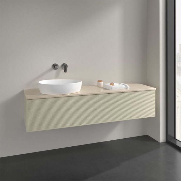 Villeroy & Boch Antao Waschbeckenunterschrank, 160 x 36 cm, 2 Auszüge mit LED-Licht, Front mit Struktur, ohne Hahnloch, für Waschtisch links