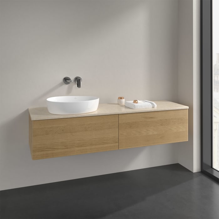 Villeroy & Boch Antao Waschbeckenunterschrank, 160 x 36 cm, 2 Auszüge mit LED-Licht, Front mit Struktur, ohne Hahnloch, für Waschtisch links