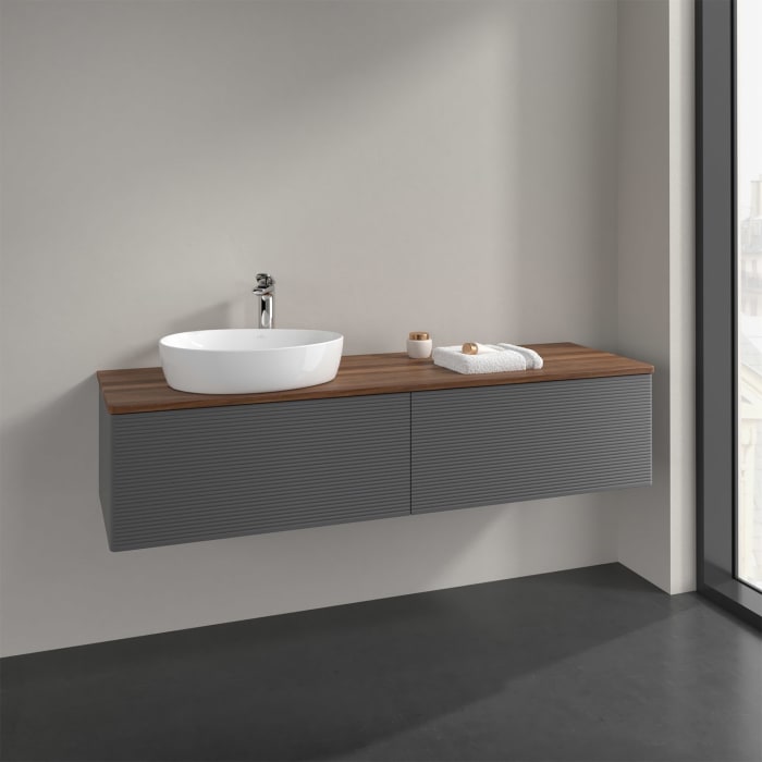 Villeroy & Boch Antao Waschbeckenunterschrank, 160 x 36 cm, 2 Auszüge mit LED-Licht, Front mit Struktur, mit Hahnloch, für Waschtisch links