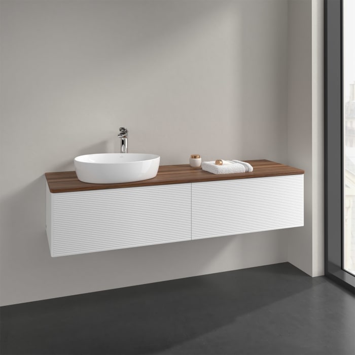 Villeroy & Boch Antao Waschbeckenunterschrank, 160 x 36 cm, 2 Auszüge mit LED-Licht, Front mit Struktur, mit Hahnloch, für Waschtisch links