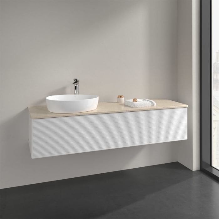 Villeroy & Boch Antao Waschbeckenunterschrank, 160 x 36 cm, 2 Auszüge mit LED-Licht, Front mit Struktur, mit Hahnloch, für Waschtisch links