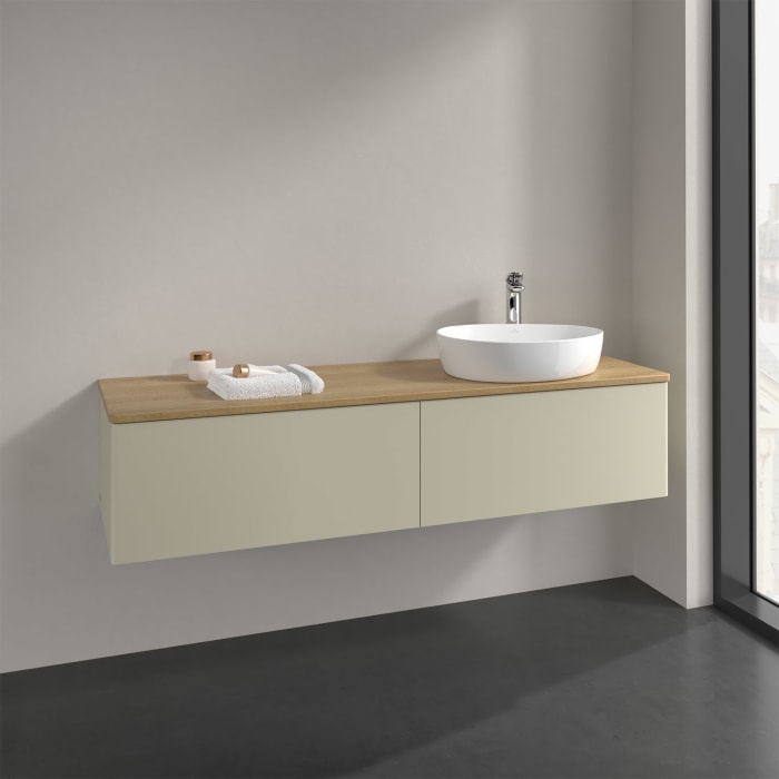 Villeroy & Boch Antao Waschbeckenunterschrank, 160 x 36 cm, 2 Auszüge mit LED-Licht, Front ohne Struktur, mit Hahnloch, für Waschtisch rechts