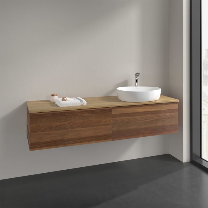 Villeroy & Boch Antao Waschbeckenunterschrank, 160 x 36 cm, 2 Auszüge mit LED-Licht, Front ohne Struktur, mit Hahnloch, für Waschtisch rechts