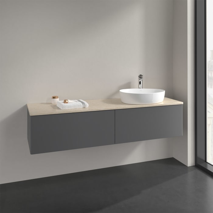 Villeroy & Boch Antao Waschbeckenunterschrank, 160 x 36 cm, 2 Auszüge mit LED-Licht, Front ohne Struktur, mit Hahnloch, für Waschtisch rechts
