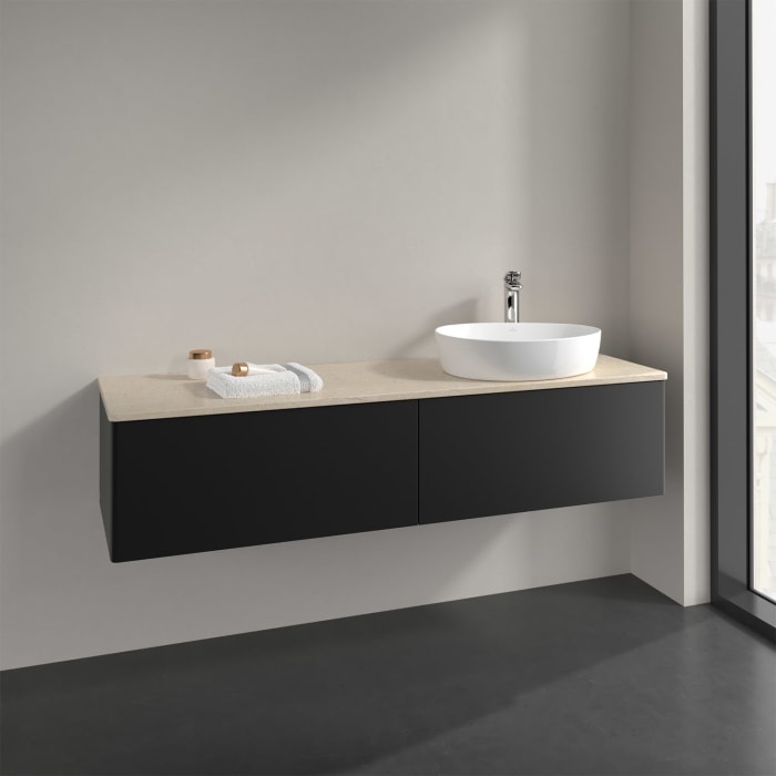 Villeroy & Boch Antao Waschbeckenunterschrank, 160 x 36 cm, 2 Auszüge mit LED-Licht, Front ohne Struktur, mit Hahnloch, für Waschtisch rechts