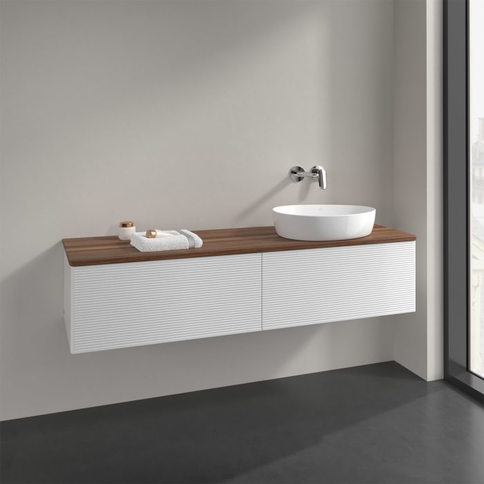 Villeroy & Boch Antao Waschbeckenunterschrank, 160 x 36 cm, 2 Auszüge mit LED-Licht, Front mit Struktur, ohne Hahnloch, für Waschtisch rechts
