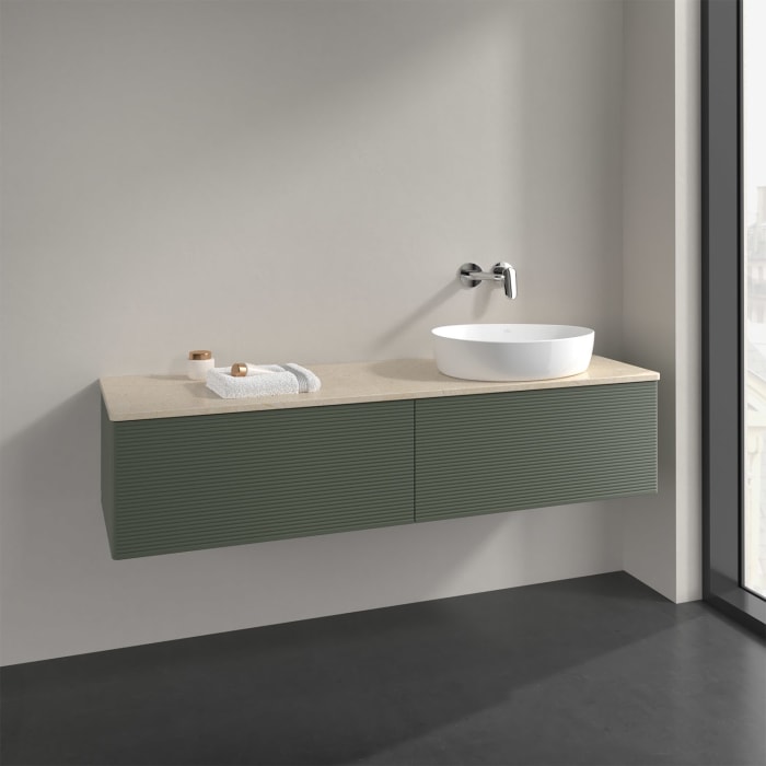 Villeroy & Boch Antao Waschbeckenunterschrank, 160 x 36 cm, 2 Auszüge mit LED-Licht, Front mit Struktur, ohne Hahnloch, für Waschtisch rechts