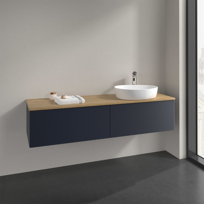 Villeroy & Boch Antao Waschbeckenunterschrank, 160 x 36 cm, 2 Auszüge mit LED-Licht, Front mit Struktur, mit Hahnloch, für Waschtisch rechts