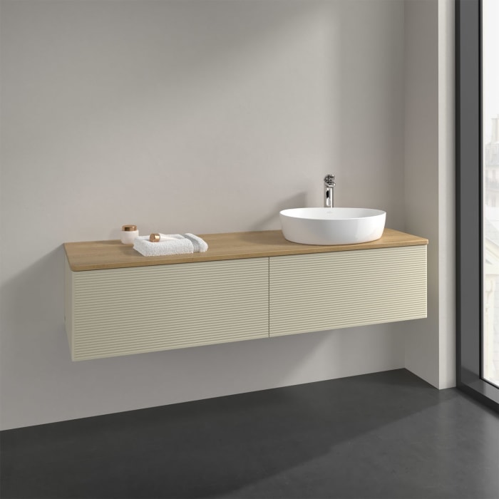 Villeroy & Boch Antao Waschbeckenunterschrank, 160 x 36 cm, 2 Auszüge mit LED-Licht, Front mit Struktur, mit Hahnloch, für Waschtisch rechts