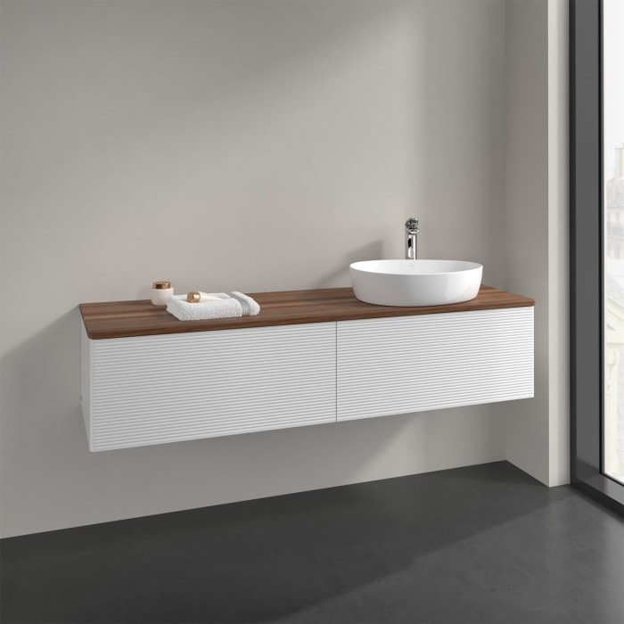 Villeroy & Boch Antao Waschbeckenunterschrank, 160 x 36 cm, 2 Auszüge mit LED-Licht, Front mit Struktur, mit Hahnloch, für Waschtisch rechts