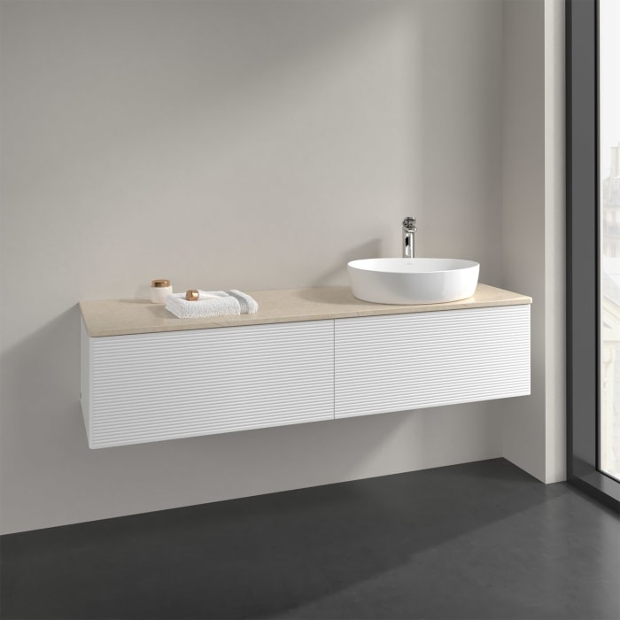 Villeroy & Boch Antao Waschbeckenunterschrank, 160 x 36 cm, 2 Auszüge mit LED-Licht, Front mit Struktur, mit Hahnloch, für Waschtisch rechts