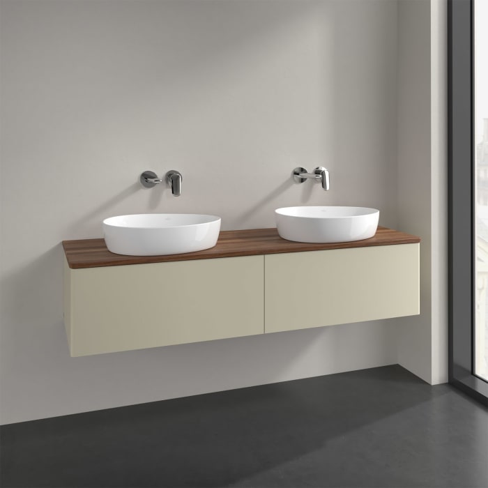 Villeroy & Boch Antao Waschbeckenunterschrank, 160 x 36 cm, 2 Auszüge mit LED-Licht, Front ohne Struktur, ohne Hahnloch, für Waschtisch links und rech