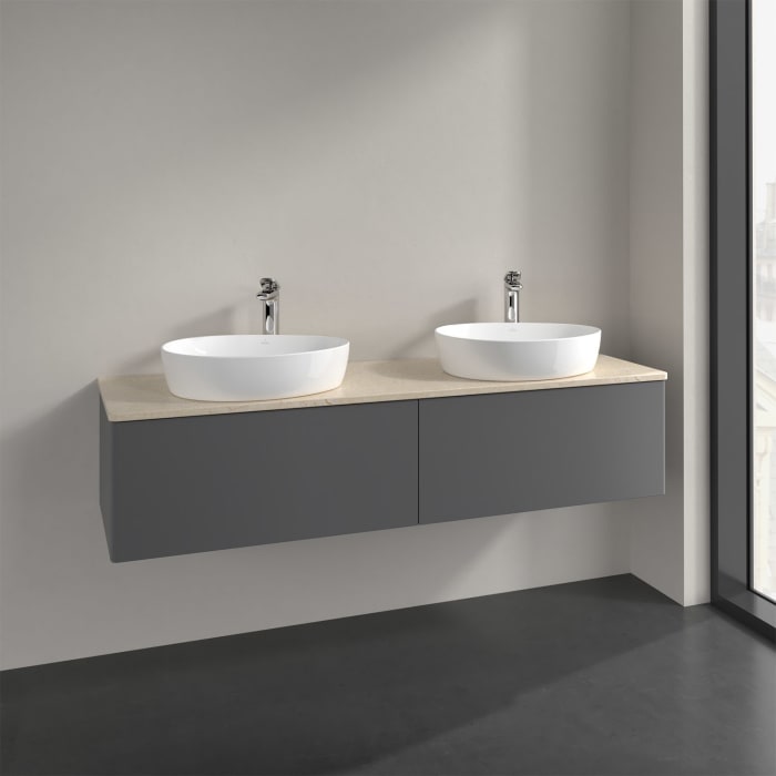 Villeroy & Boch Antao Waschbeckenunterschrank, 160 x 36 cm, 2 Auszüge mit LED-Licht, Front ohne Struktur, mit Hahnloch, für Waschtisch links und recht