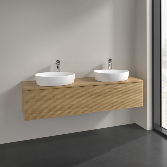 Villeroy & Boch Antao Waschbeckenunterschrank, 160 x 36 cm, 2 Auszüge mit LED-Licht, Front mit Struktur, mit Hahnloch, für Waschtisch links und rechts