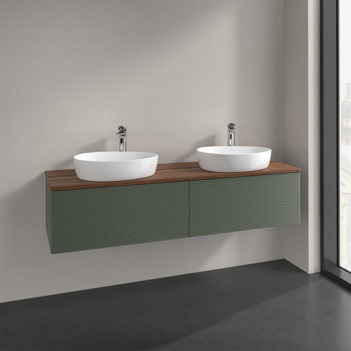 Villeroy & Boch Antao Waschbeckenunterschrank, 160 x 36 cm, 2 Auszüge mit LED-Licht, Front mit Struktur, mit Hahnloch, für Waschtisch links und rechts