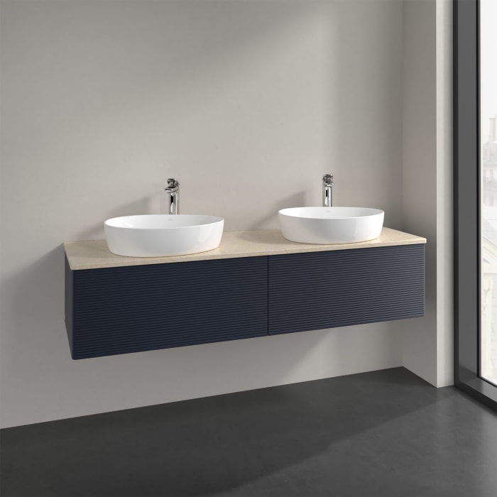 Villeroy & Boch Antao Waschbeckenunterschrank, 160 x 36 cm, 2 Auszüge mit LED-Licht, Front mit Struktur, mit Hahnloch, für Waschtisch links und rechts