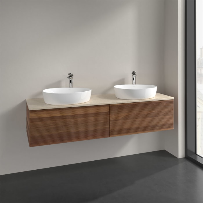 Villeroy & Boch Antao Waschbeckenunterschrank, 160 x 36 cm, 2 Auszüge mit LED-Licht, Front mit Struktur, mit Hahnloch, für Waschtisch links und rechts