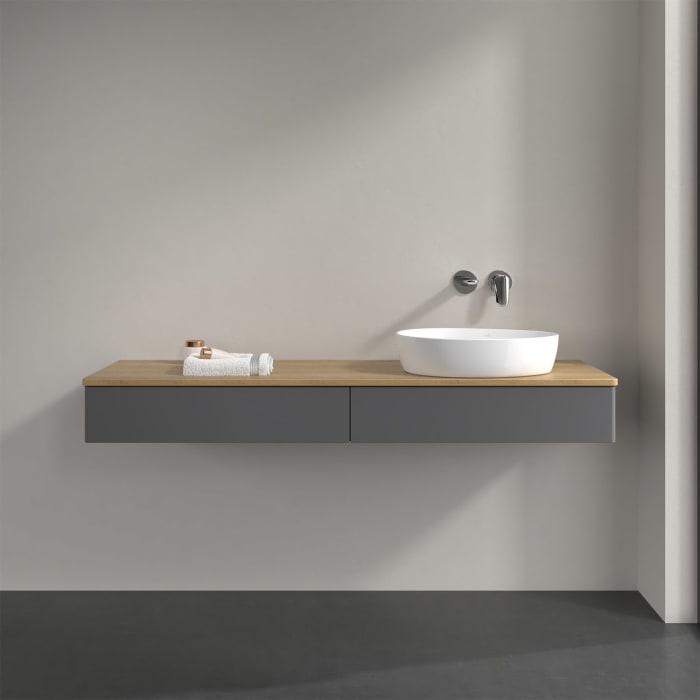 Villeroy & Boch Antao Waschbeckenunterschrank, 160 x 19 cm, 2 Auszüge, Front ohne Struktur, ohne Hahnloch, für Waschtisch rechts