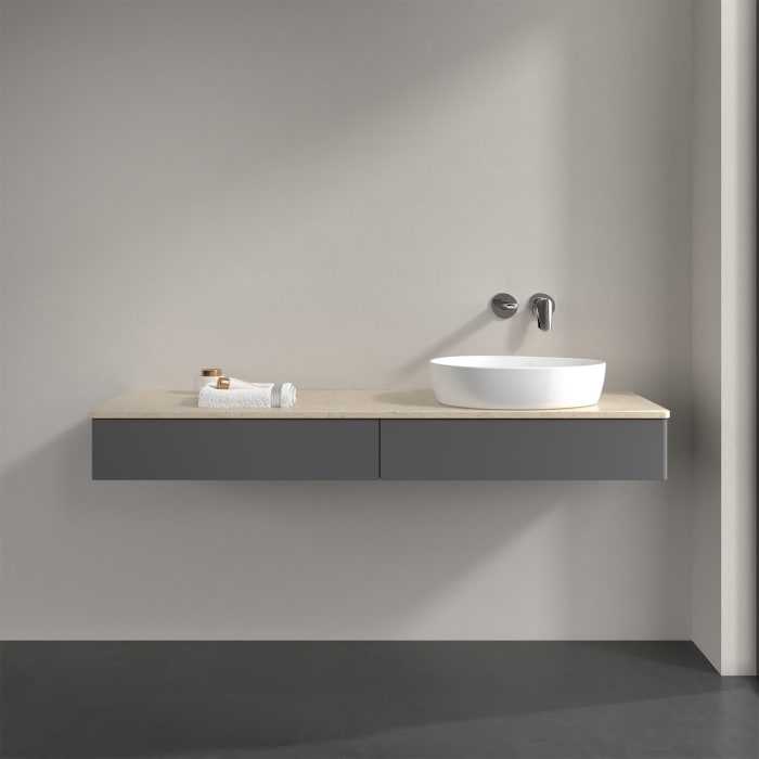 Villeroy & Boch Antao Waschbeckenunterschrank, 160 x 19 cm, 2 Auszüge, Front ohne Struktur, ohne Hahnloch, für Waschtisch rechts