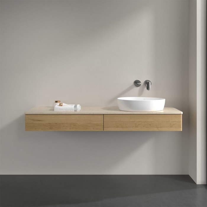 Villeroy & Boch Antao Waschbeckenunterschrank, 160 x 19 cm, 2 Auszüge, Front ohne Struktur, ohne Hahnloch, für Waschtisch rechts