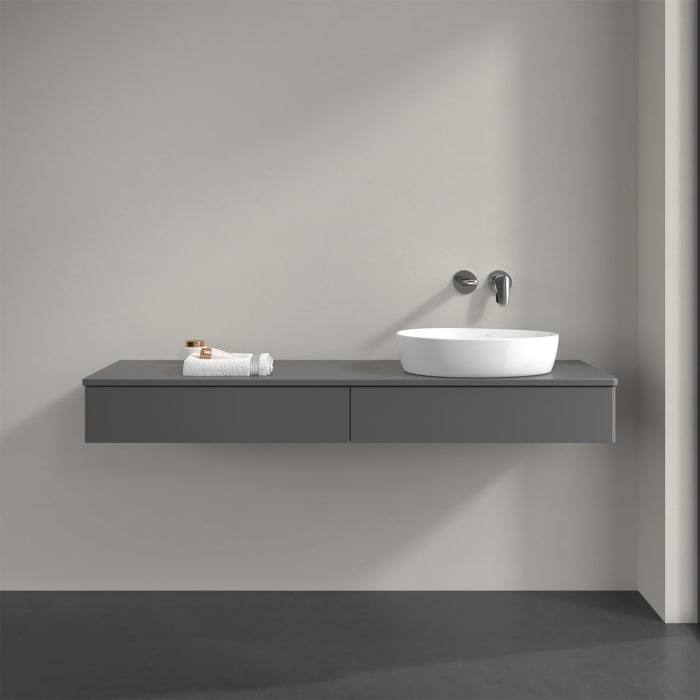 Villeroy & Boch Antao Waschbeckenunterschrank, 160 x 19 cm, 2 Auszüge, Front ohne Struktur, mit Hahnloch, für Waschtisch rechts