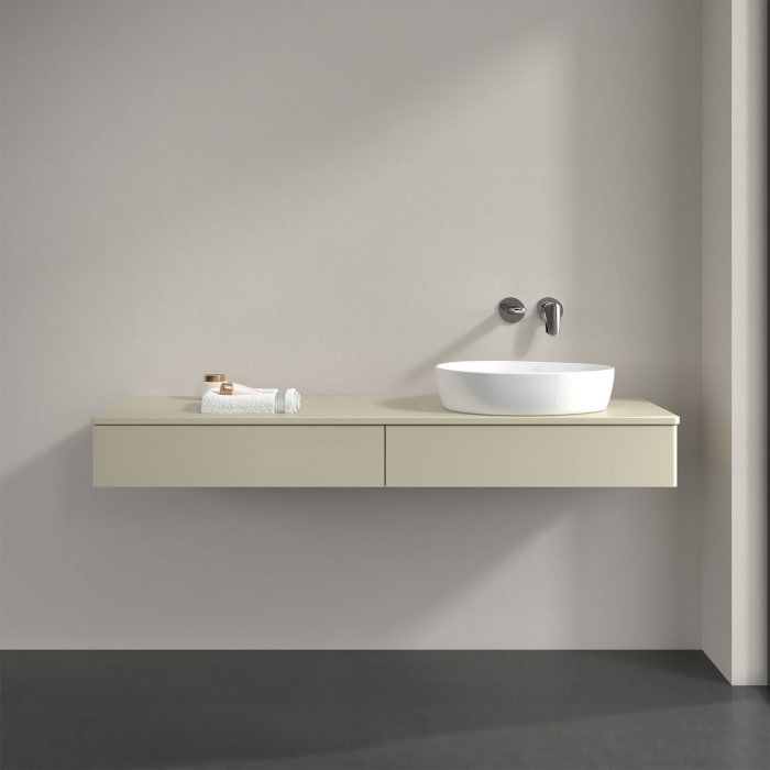 Villeroy & Boch Antao Waschbeckenunterschrank, 160 x 19 cm, 2 Auszüge, Front ohne Struktur, mit Hahnloch, für Waschtisch rechts