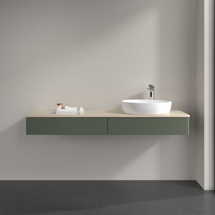 Villeroy & Boch Antao Waschbeckenunterschrank, 160 x 19 cm, 2 Auszüge, Front ohne Struktur, mit Hahnloch, für Waschtisch rechts