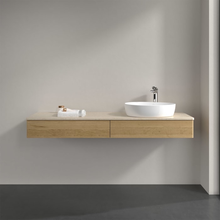 Villeroy & Boch Antao Waschbeckenunterschrank, 160 x 19 cm, 2 Auszüge, Front ohne Struktur, mit Hahnloch, für Waschtisch rechts