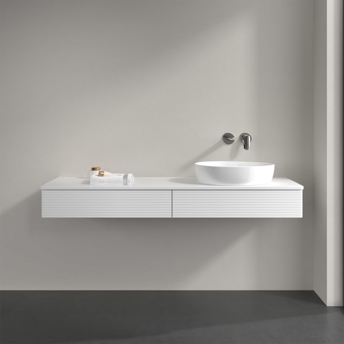 Villeroy & Boch Antao Waschbeckenunterschrank, 160 x 19 cm, 2 Auszüge, Front mit Struktur, ohne Hahnloch, für Waschtisch rechts