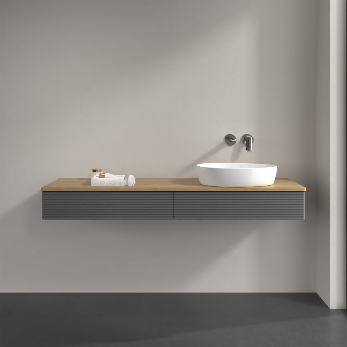 Villeroy & Boch Antao Waschbeckenunterschrank, 160 x 19 cm, 2 Auszüge, Front mit Struktur, ohne Hahnloch, für Waschtisch rechts
