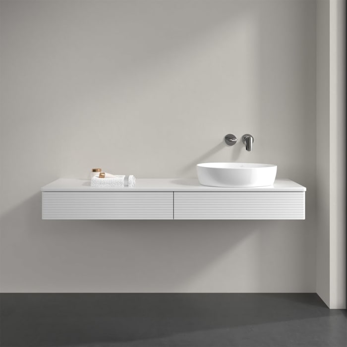 Villeroy & Boch Antao Waschbeckenunterschrank, 160 x 19 cm, 2 Auszüge, Front mit Struktur, mit Hahnloch, für Waschtisch rechts