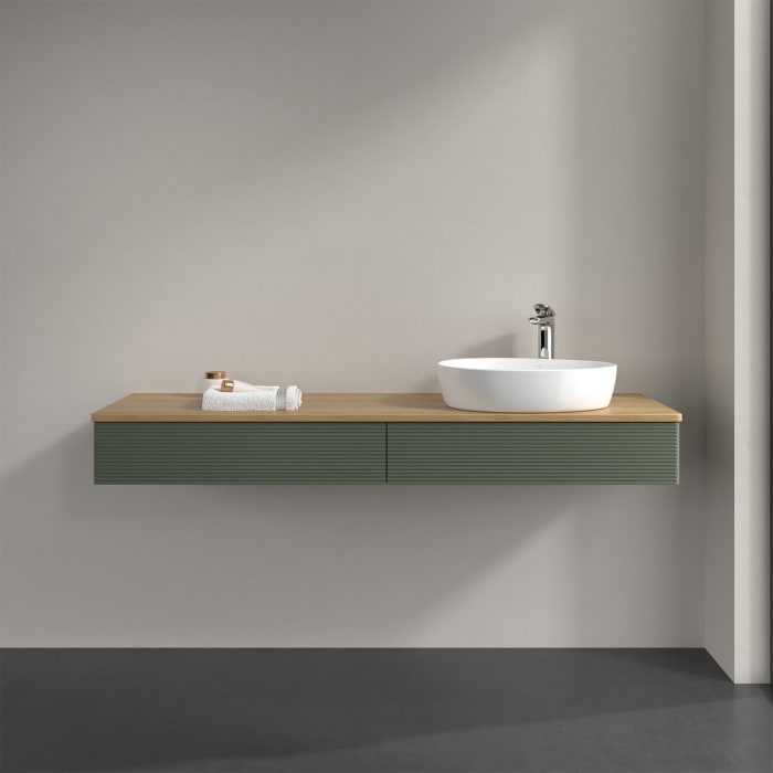 Villeroy & Boch Antao Waschbeckenunterschrank, 160 x 19 cm, 2 Auszüge, Front mit Struktur, mit Hahnloch, für Waschtisch rechts