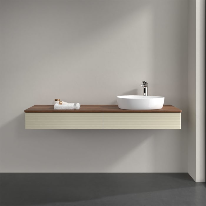 Villeroy & Boch Antao Waschbeckenunterschrank, 160 x 19 cm, 2 Auszüge, Front mit Struktur, mit Hahnloch, für Waschtisch rechts