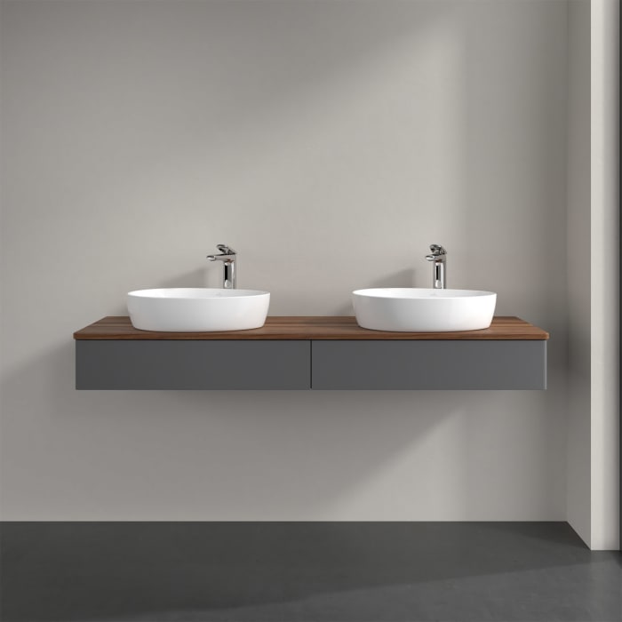 Villeroy & Boch Antao Waschbeckenunterschrank, 160 x 19 cm, 2 Auszüge, Front ohne Struktur, mit Hahnloch, für Waschtisch links und rechts